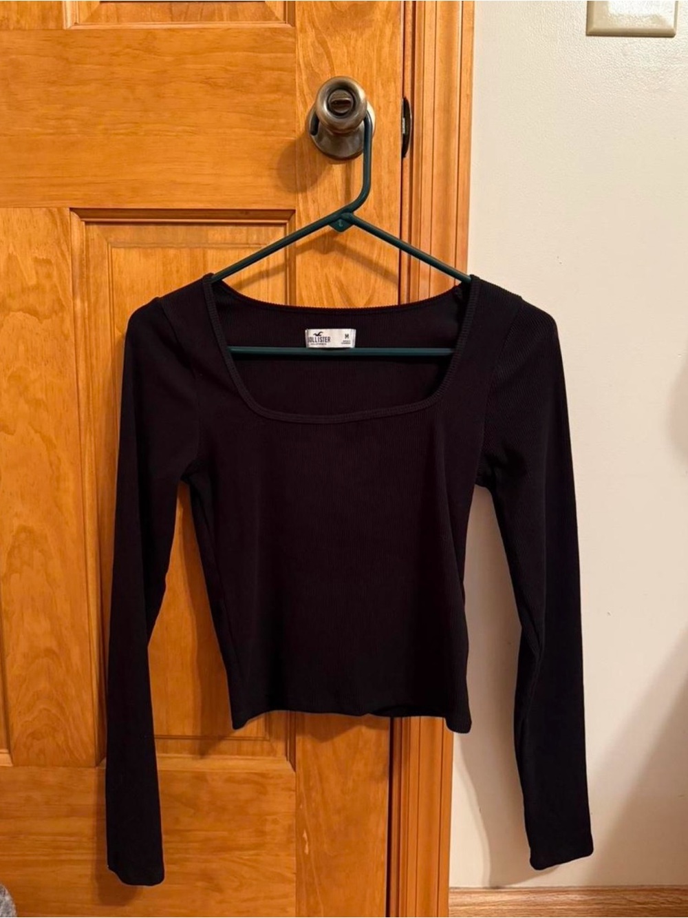 Hollister Black Ribbed Square-Neck Long Sleeve Top
